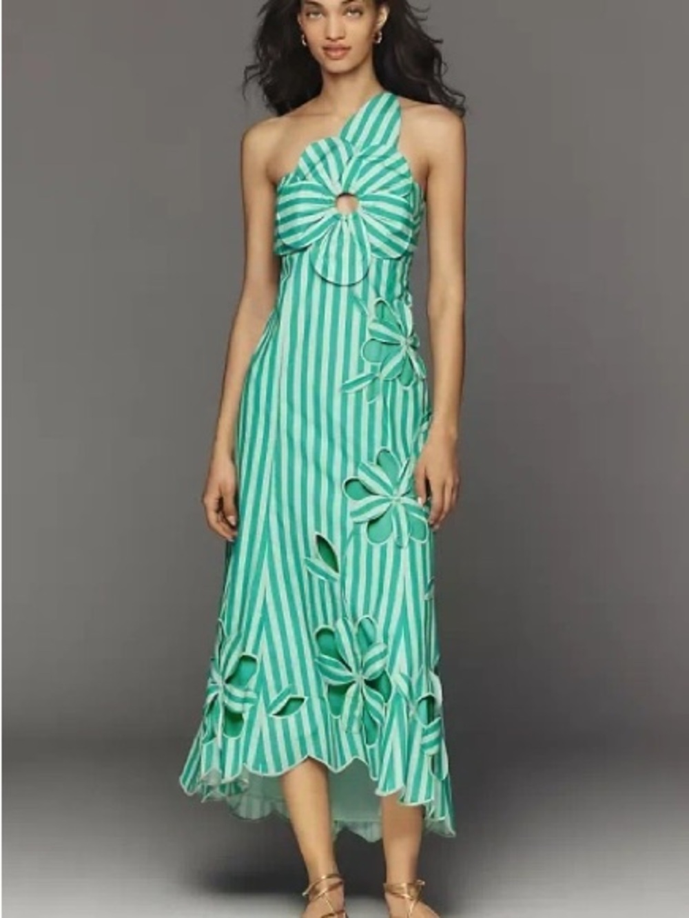 Maeve Amara Green Striped One-Shoulder Floral Cutout Dress-NWT-Small